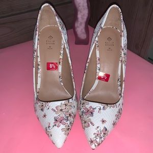 White, snakeskin textured, pink/creme flower heels
